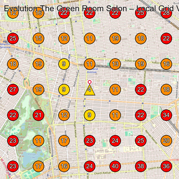 Evolution The Green Room Salon GeoGrid visibility map for Beauty Salon in Brooklyn